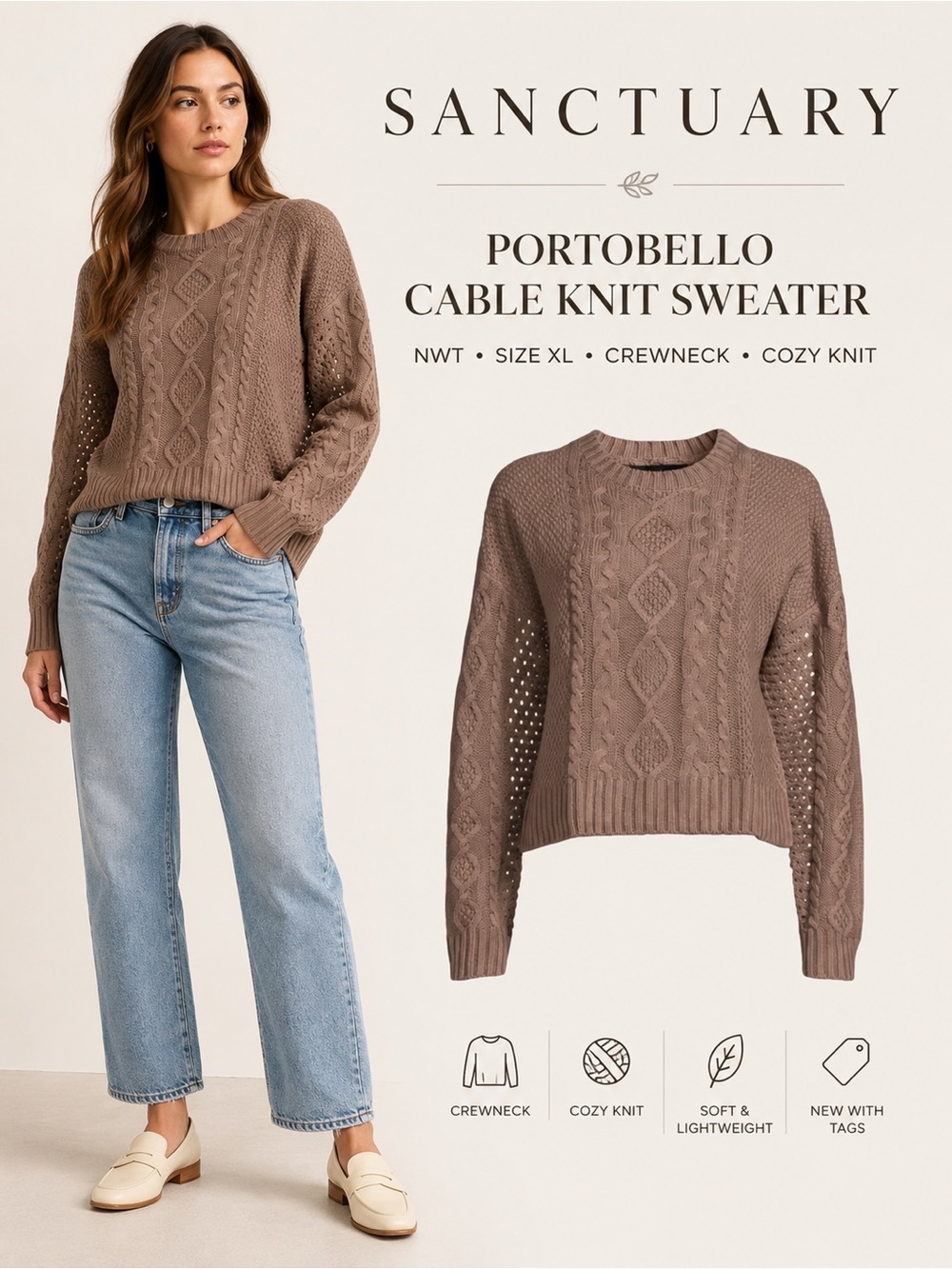 Sanctuary Portobello Cable Knit Sweater XL NWT Cozy Crewneck Pullover